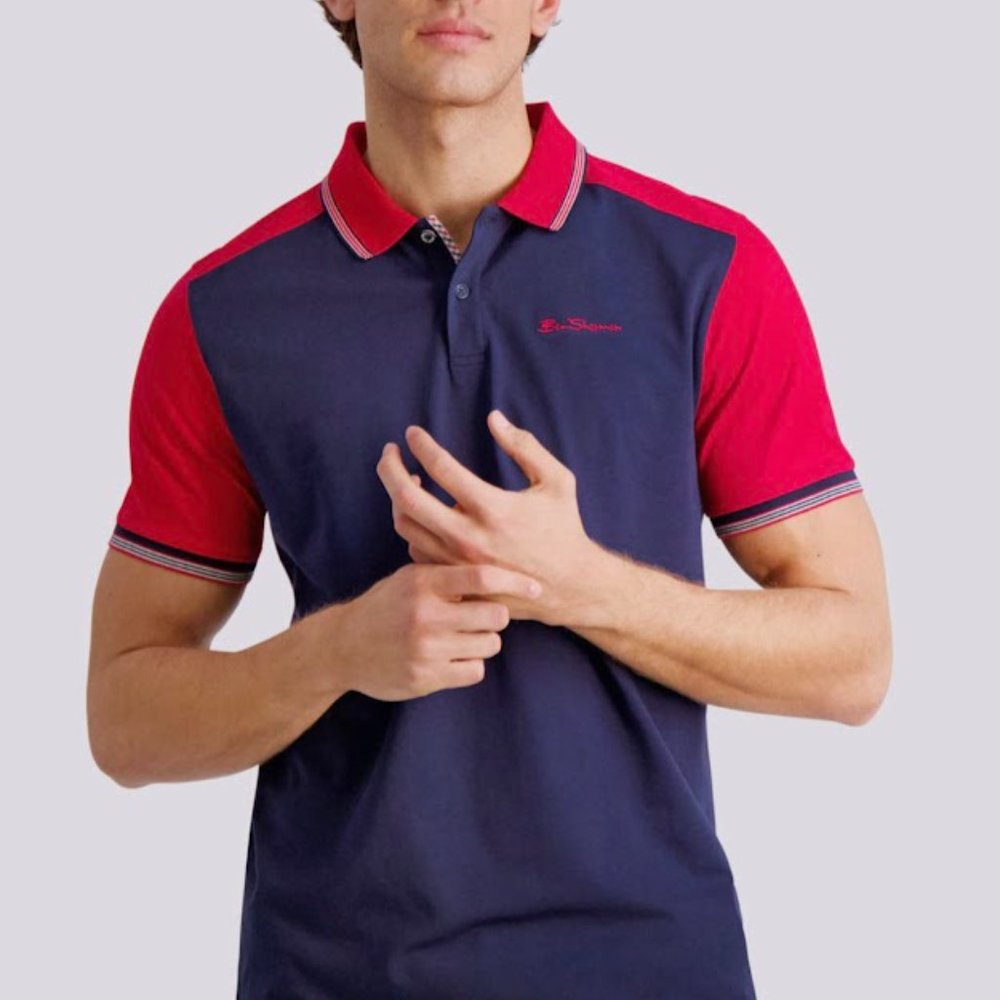 Ben Sherman Two Button Polo Shirt Color Block Navy & Red Blazer Stitched Logo